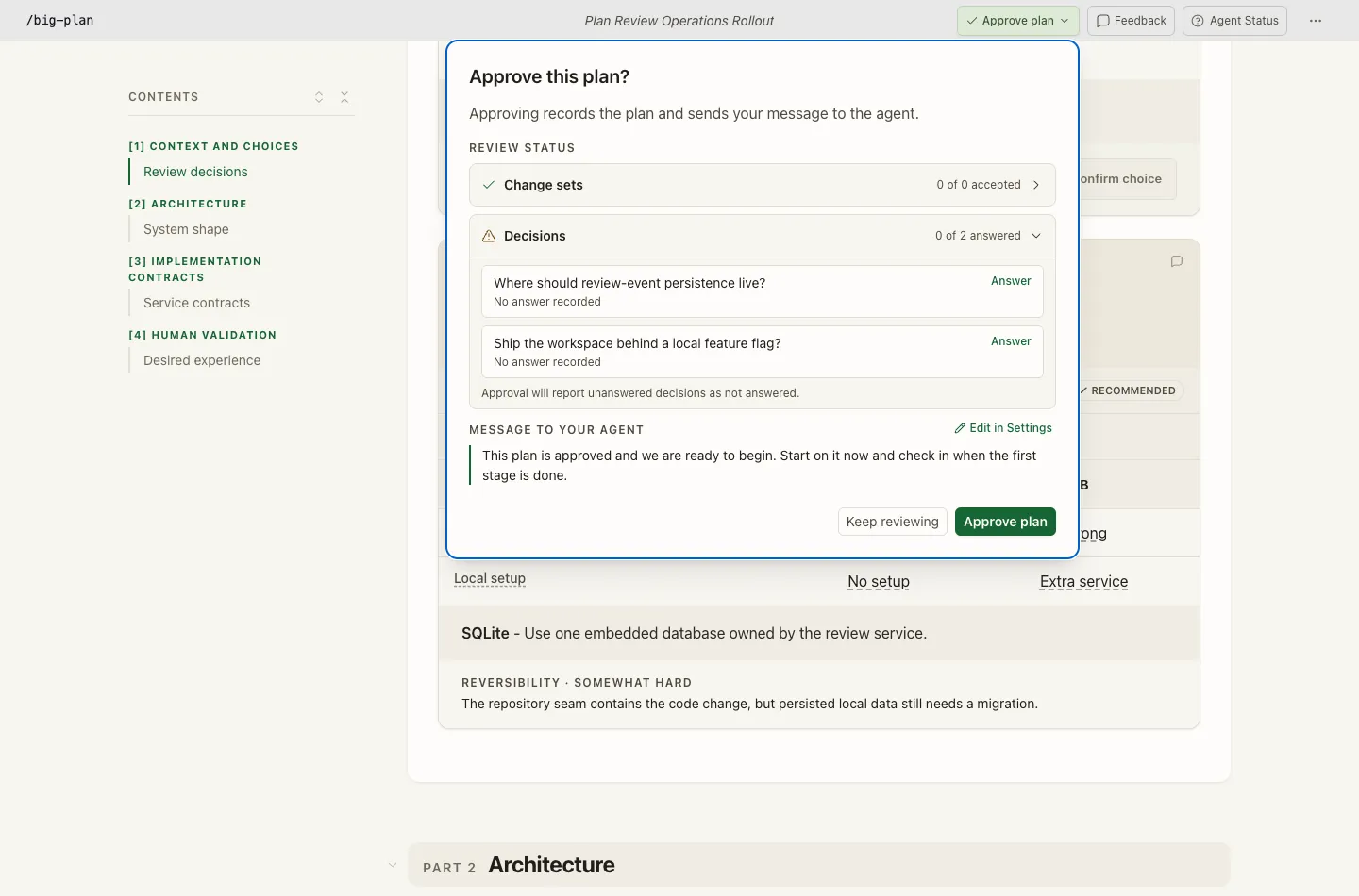 The Approve this plan dialog listing change sets, unanswered decisions with Answer links, and the message that will be sent to the agent