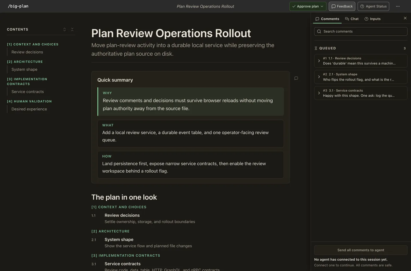 The same document with the Feedback sidebar open, showing three queued comments anchored to their slides, the Comments, Chat and Inputs tabs, and a Send all comments to agent action