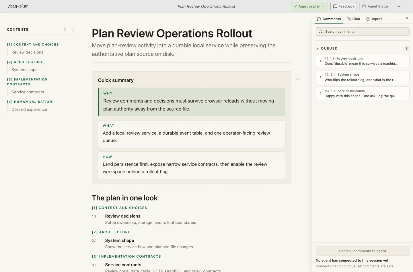 The same document with the Feedback sidebar open, showing three queued comments anchored to their slides, the Comments, Chat and Inputs tabs, and a Send all comments to agent action