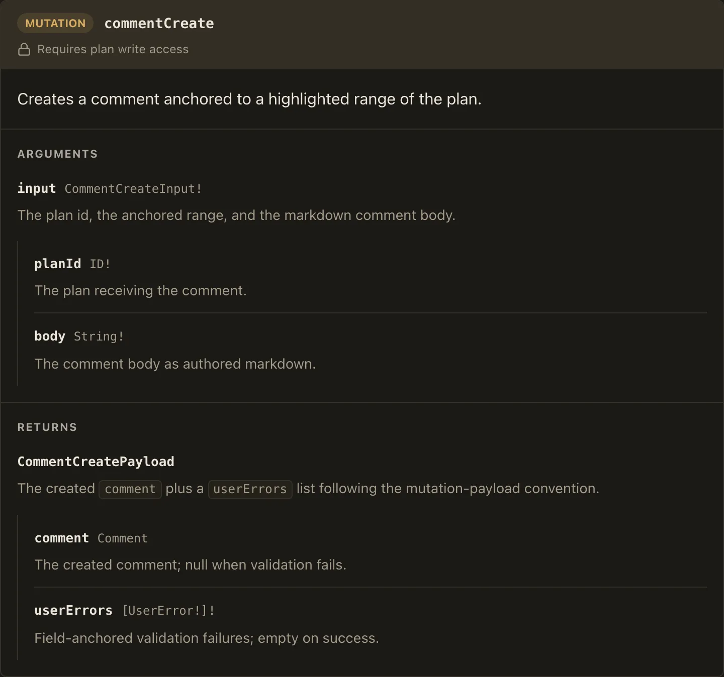 An operation card with a mutation kind badge, monospace name, access line, literal GraphQL argument types, and one-level input and payload field expansions