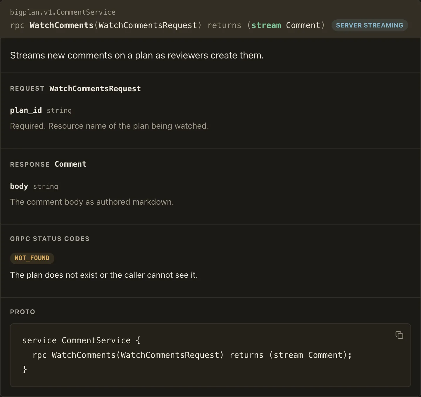 A method card with the service caption, a signature with a tinted stream keyword, a streaming badge, message-typed request and response field sections, a gRPC status code, and a service-block proto fence