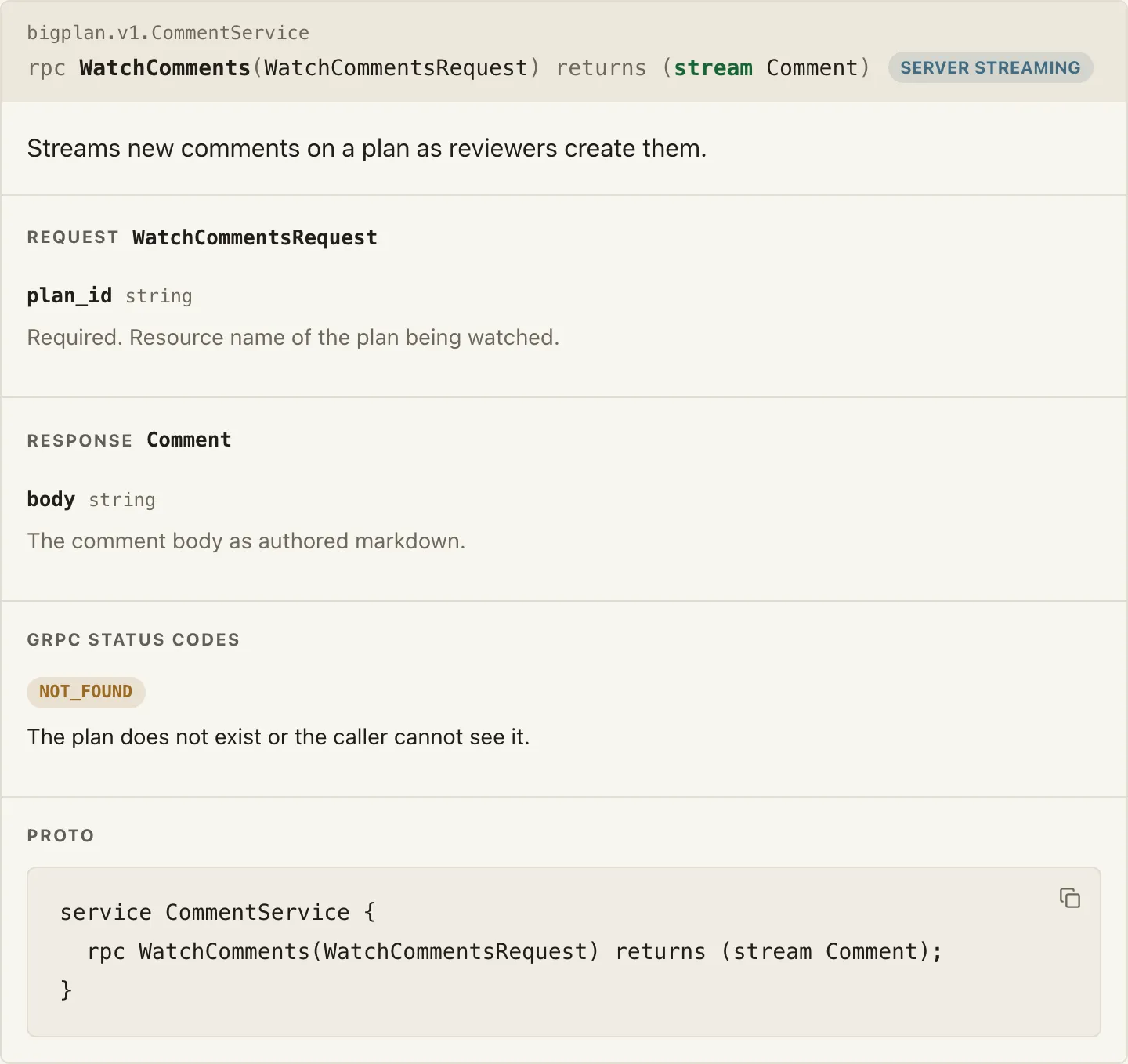 A method card with the service caption, a signature with a tinted stream keyword, a streaming badge, message-typed request and response field sections, a gRPC status code, and a service-block proto fence