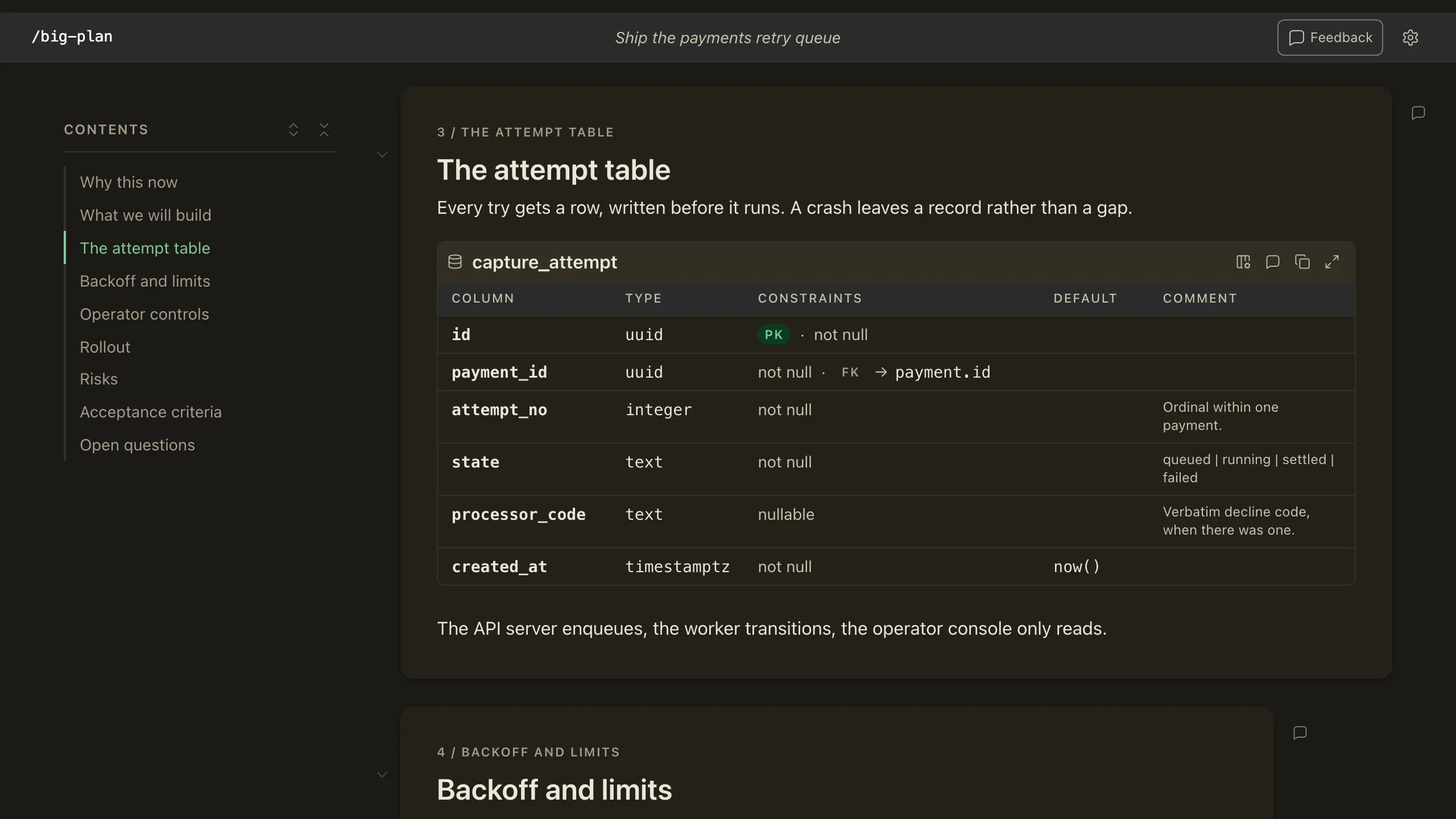 A Big Plan review document with a nine-entry table of contents beside a short slide, showing the capture_attempt table schema with key badges and column notes.