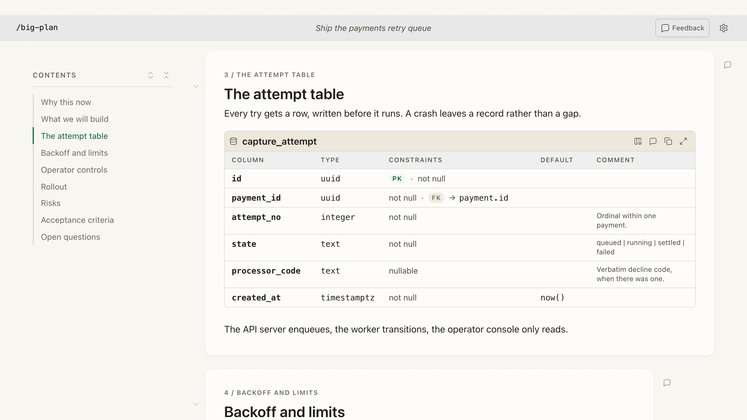 A Big Plan review document with a nine-entry table of contents beside a short slide, showing the capture_attempt table schema with key badges and column notes.