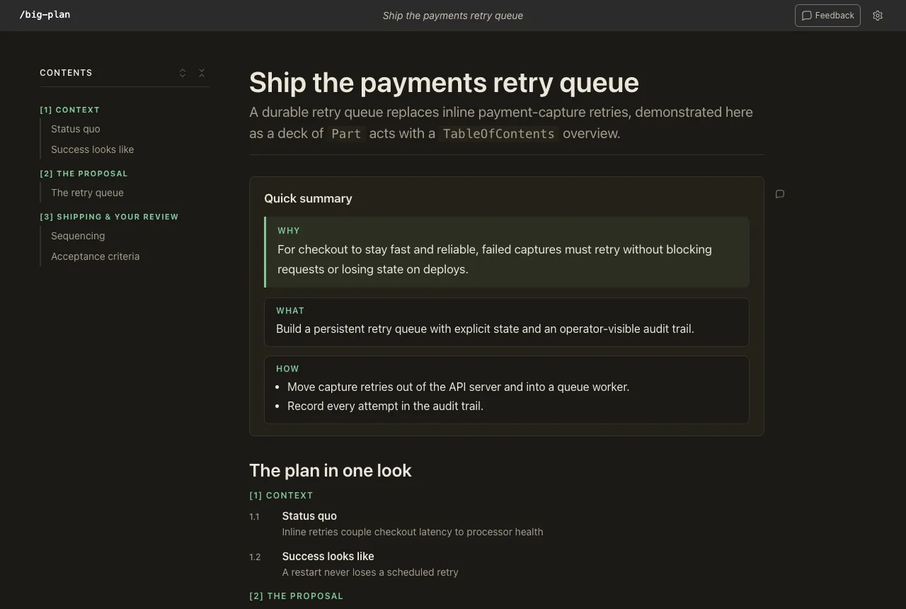 The payments retry queue plan, structured as a deck of numbered acts
