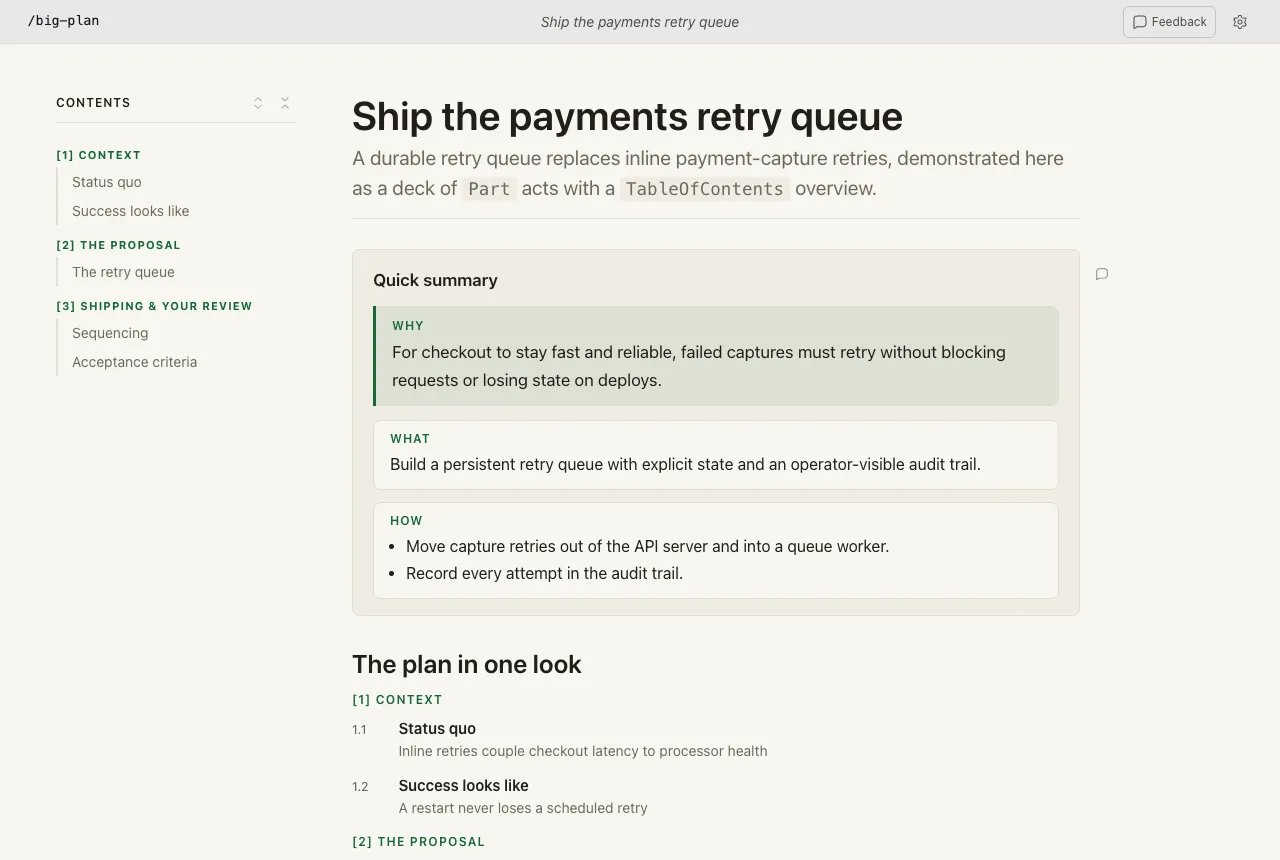 The payments retry queue plan, structured as a deck of numbered acts