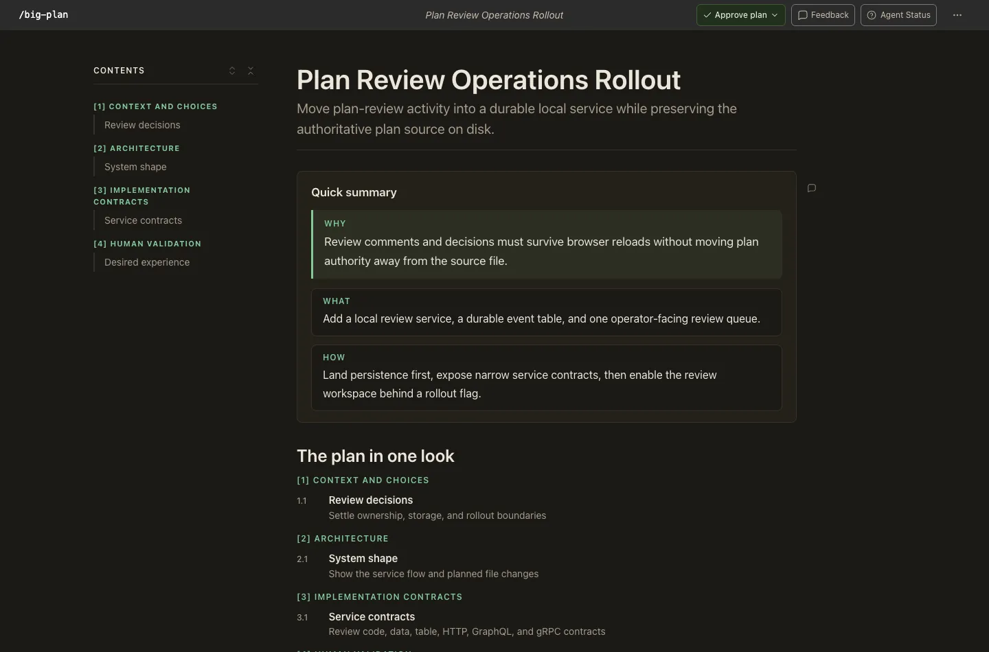 A Big Plan review document: branding bar with Approve plan, Feedback and Agent Status; a contents sidebar; the plan title, its subtitle, a quick summary card, and the table of contents