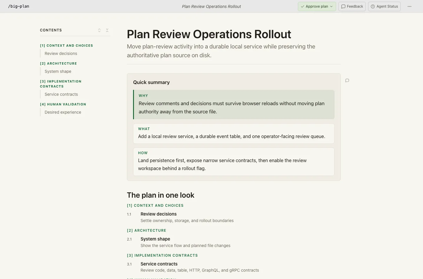 A Big Plan review document: branding bar with Approve plan, Feedback and Agent Status; a contents sidebar; the plan title, its subtitle, a quick summary card, and the table of contents