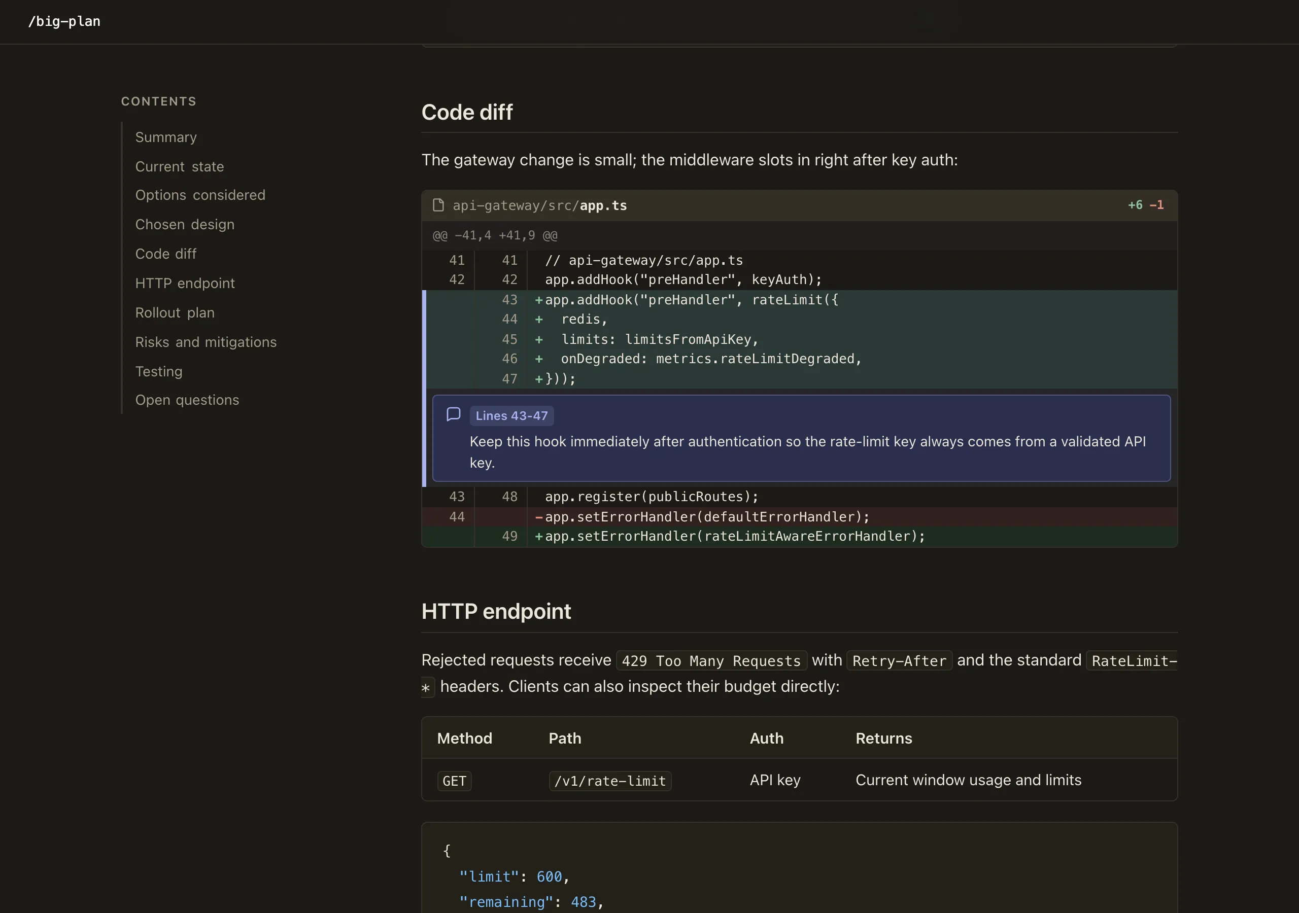The example plan rendered with Big Plan’s Default colour theme in its dark appearance, with the same layout on dark shades.