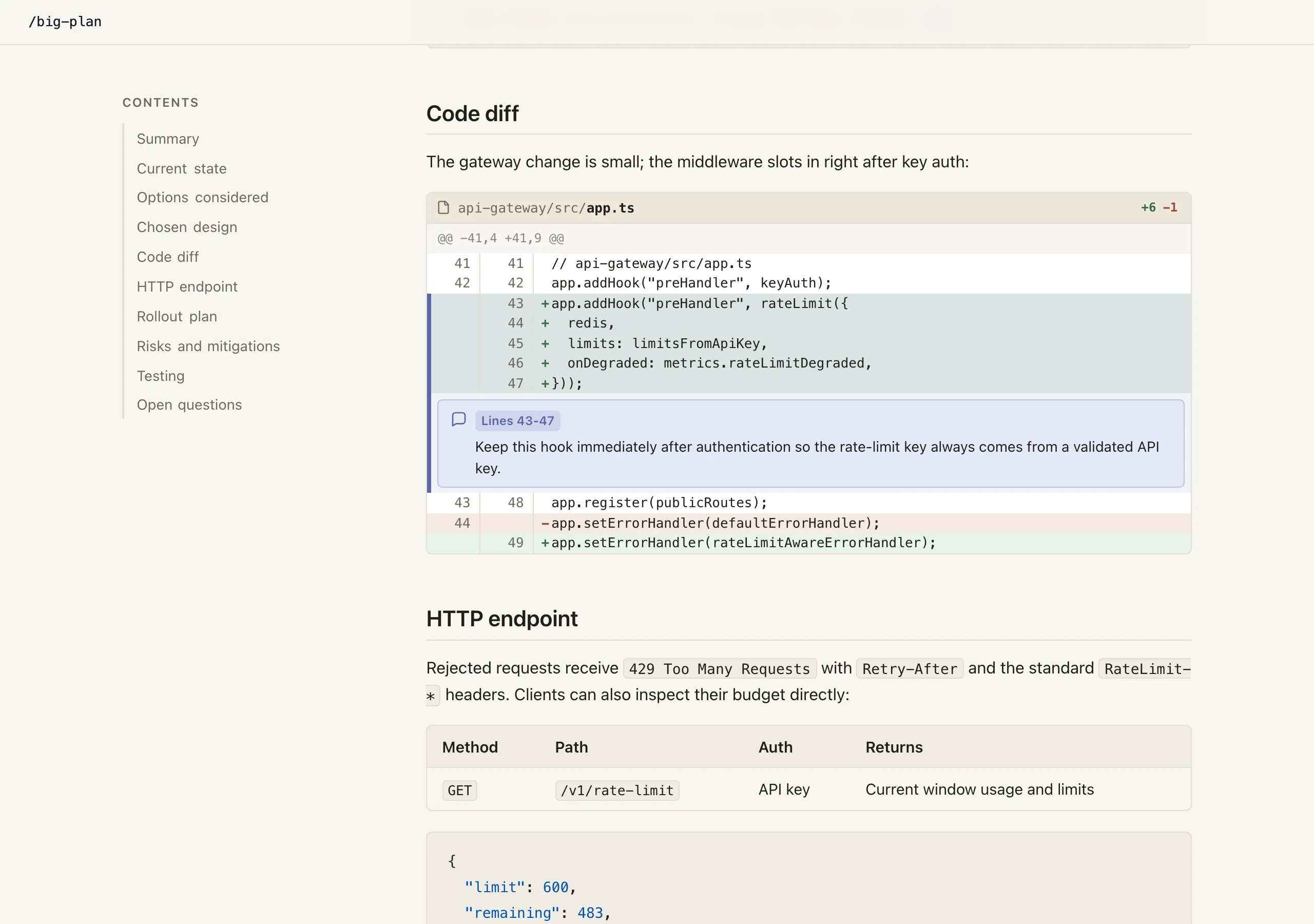 The example plan rendered with Big Plan’s Default colour theme in its light appearance: branding bar, section navigation, and a reading column showing a highlighted code diff.