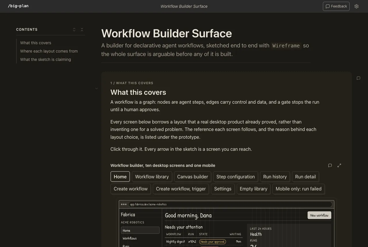 The workflow builder plan, showing a wireframe prototype of eleven screens