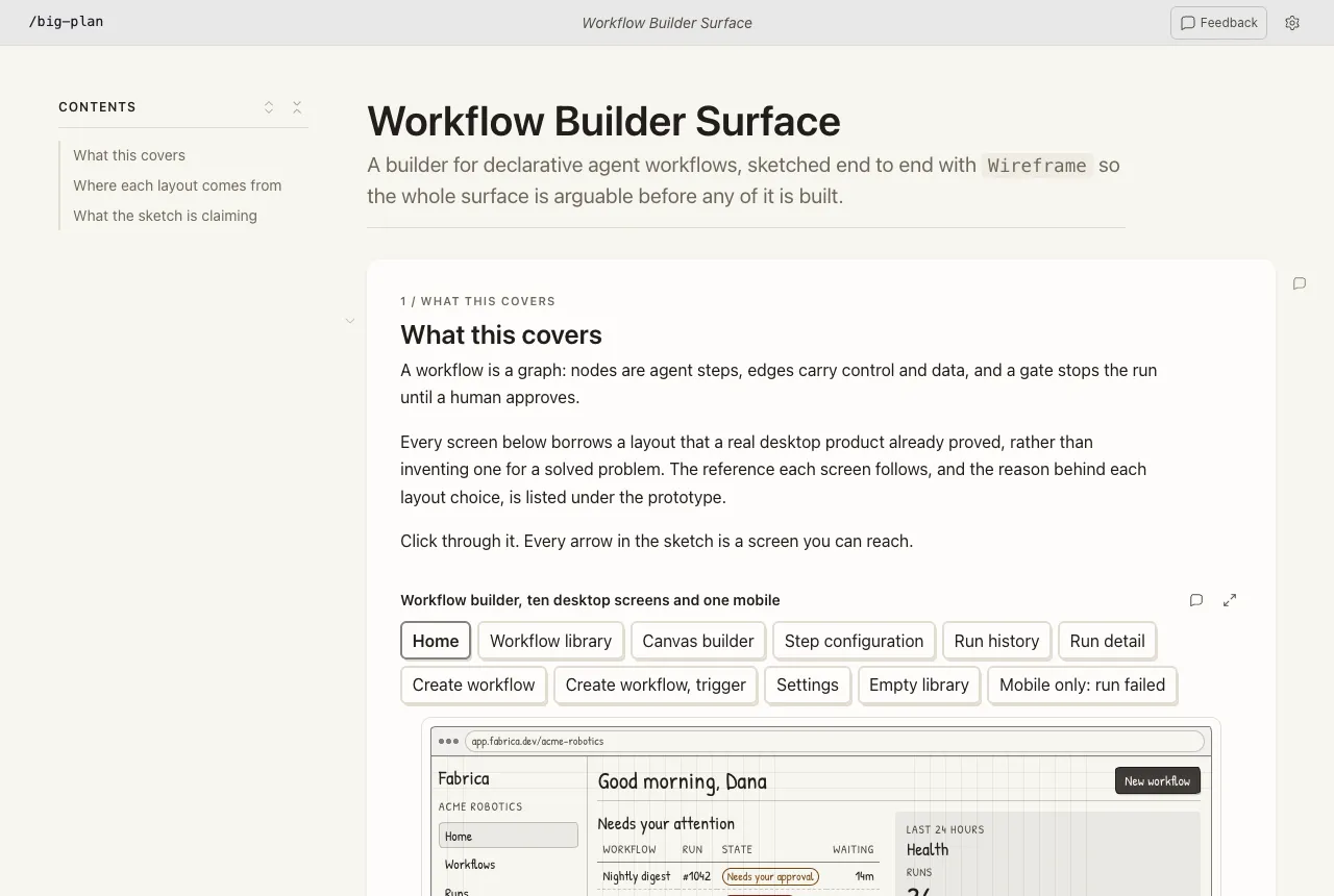 The workflow builder plan, showing a wireframe prototype of eleven screens